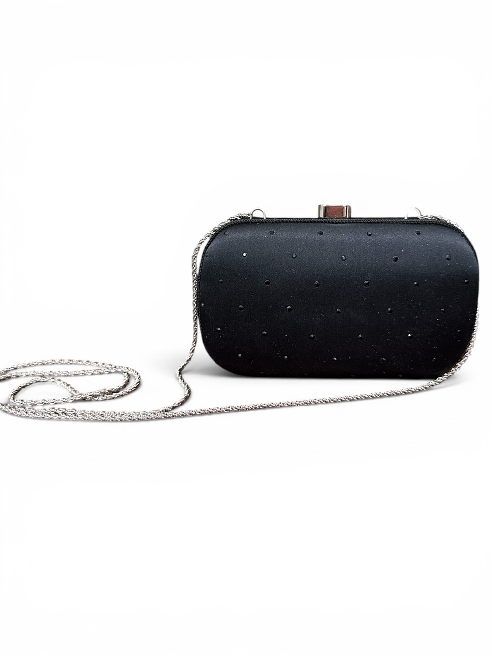Vintage Bally Black Satin Rhinestone Evening Bag Italy Silver Chain Minaudière